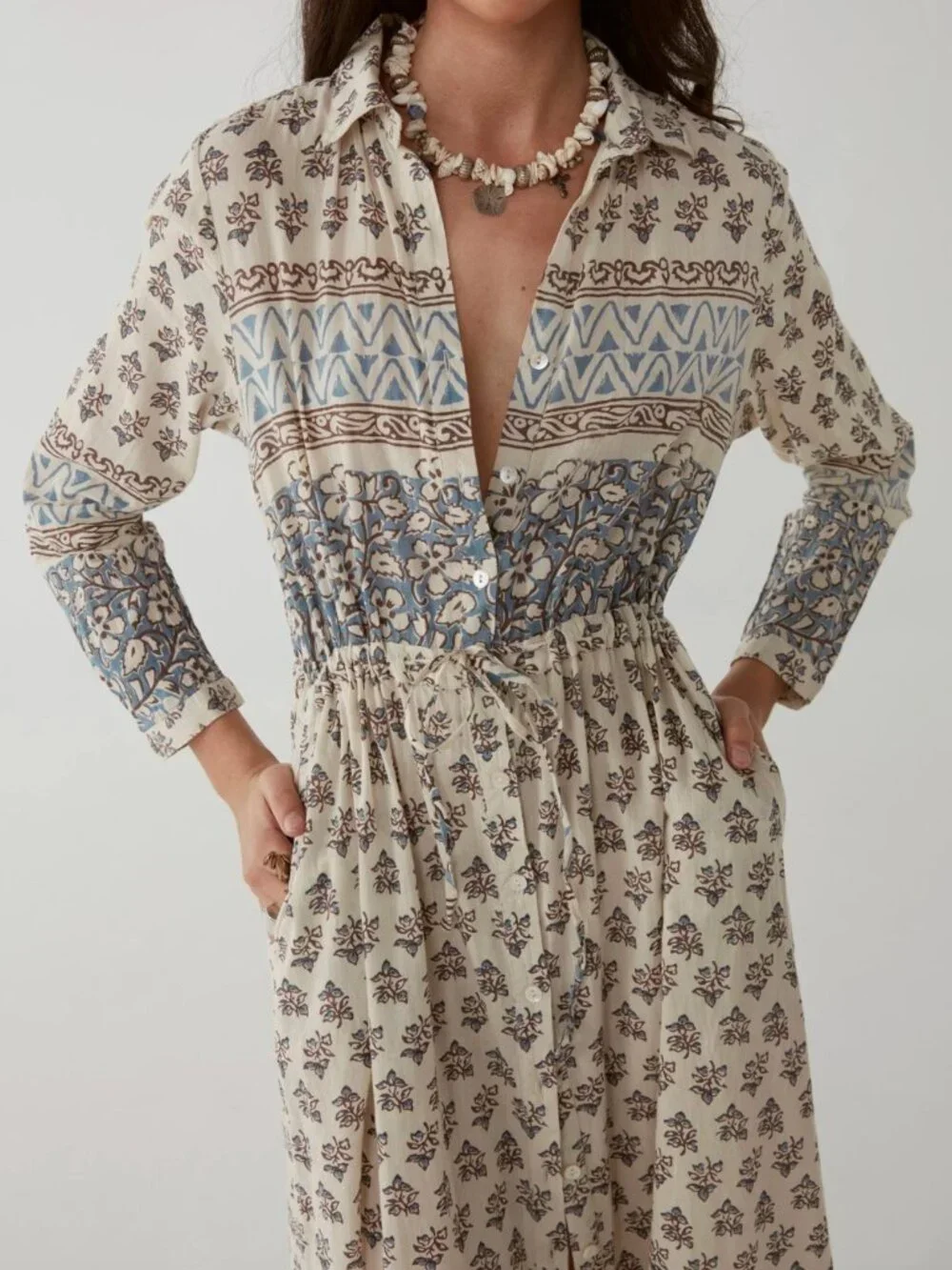 Maison Hotel Justine Floral Button Up Cotton Robe Dress in Ecru White + Blue, S - Picture 13 of 13